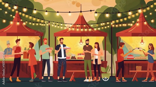 People are buying street food at decorated kiosks and enjoying evening time with friends during christmas or new year celebration. Cartoon illustration