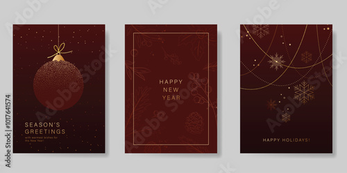 Luxury Happy Holidays invitation card design vector. Elegant Happy New Year card with leaves branch, bauble ball, snowflake, gold spot on red background. Design for Seasons Greeting, christmas.