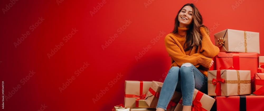 Cheerful young woman is sitting on a pile of christmas presents, enjoying the festive atmosphere against a vibrant red backdrop. Happy New Year and Merry Christmas background copy space