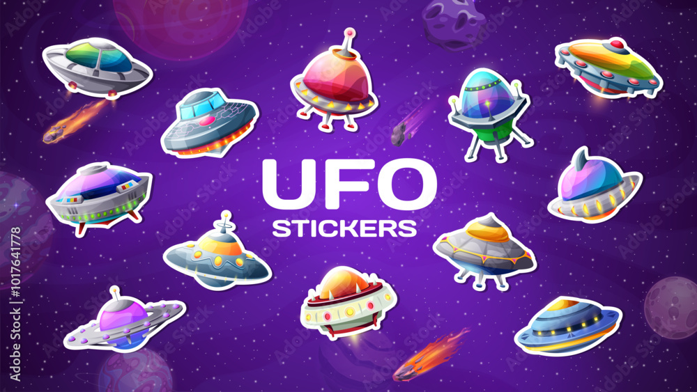 Εκτύπωση καμβά Galaxy alien UFO stickers and Martian space saucers for kids extraterrestrial adventure, vector icons