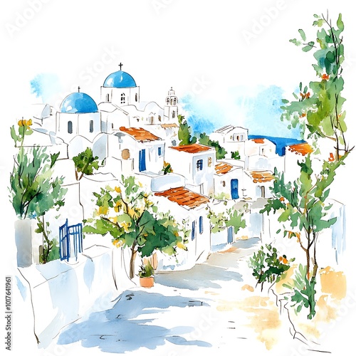 Watercolor Illustration of a Traditional Greek Village with Blue Domes and Whitewashed Houses.
