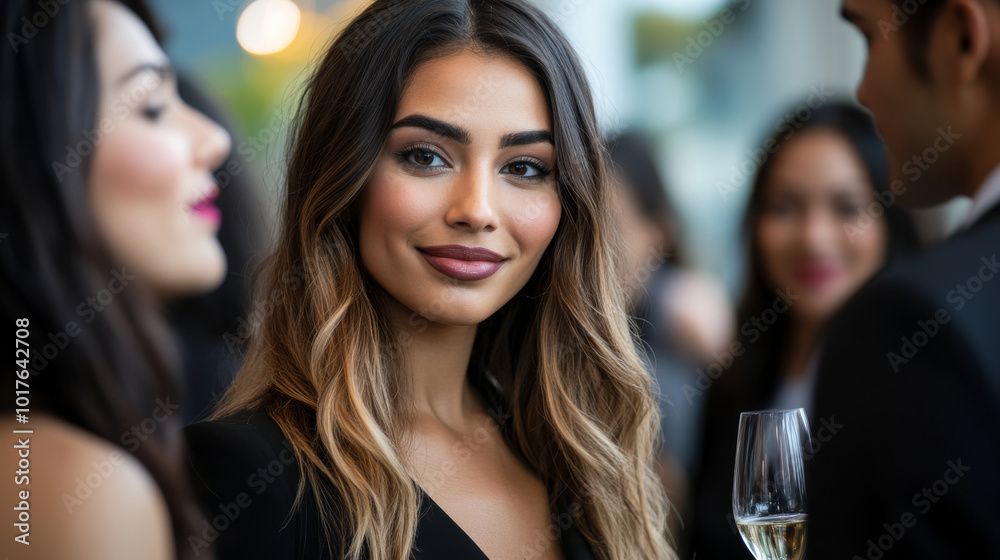 A group of businesswomen in formal attire attending a high-level corporate event, networking with industry leaders. A group of businesswomen in formal attire attending a high-level corporate event, networking with industry leaders.