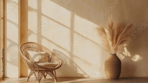Beige wall mockup space with a wicker armchair and stylish vase arrangement. Subtle daylight through the window enhances the natural beauty of the boho-style elements