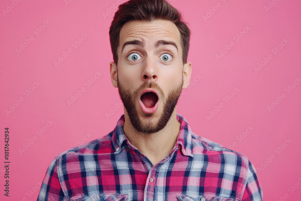 A man with a beard and a pink shirt is looking at the camera with wide eyes. Concept of surprise or shock, as if the man has just received some unexpected news or encountered something surprising A man with a beard and a pink shirt is looking at the camera with wide eyes. Concept of surprise or shock, as if the man has just received some unexpected news or encountered something surprising