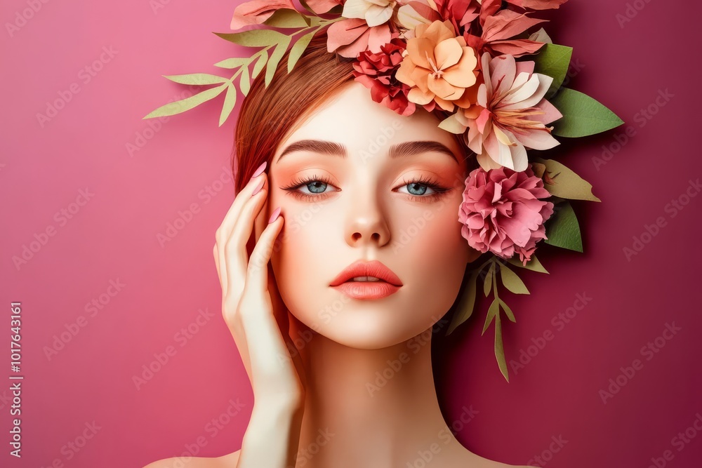Portrait of a woman with floral headpiece against pink backdrop. Portrait of a woman with floral headpiece against pink backdrop.