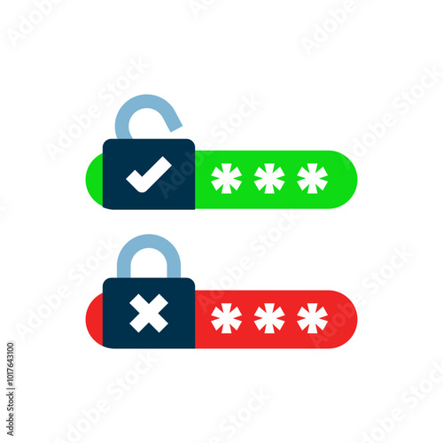 Concept illustration of password status with open and locked padlocks, check mark for correct and cross for incorrect entries. security interfaces, login screens, authentication systems