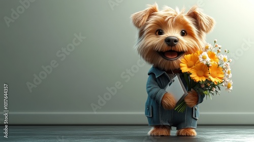 Cute Dog Holding Flowers photo