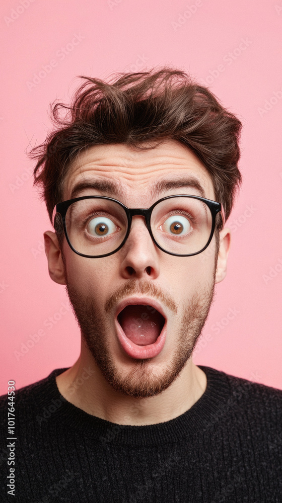 A man with glasses and a beard is making a surprised face. The image has a playful and lighthearted mood A man with glasses and a beard is making a surprised face. The image has a playful and lighthearted mood