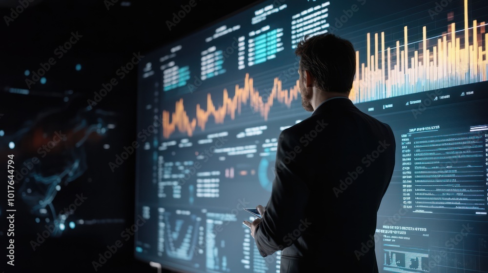 CEO giving a presentation with financial data on a large digital screen CEO giving a presentation with financial data on a large digital screen