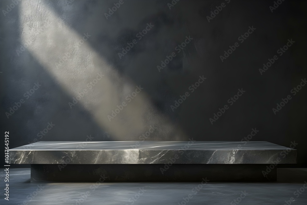 3D product table in an empty studio against a black wall. Podium for presentation. Concrete dark surface. Marble luxury countertop mockup