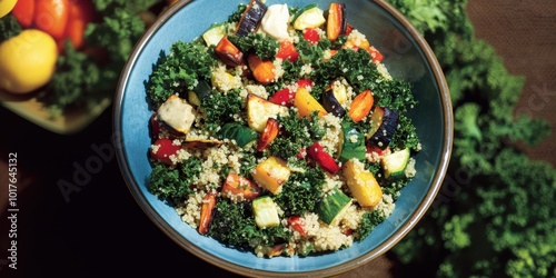 a bowl of food with vegetables and a bowl of fruit photo