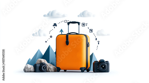 Yellow suitcase surrounded by travel icons and mountains, white isolate background. photo