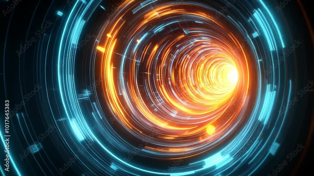 A digital tunnel of blue and orange light spirals towards a bright white center
