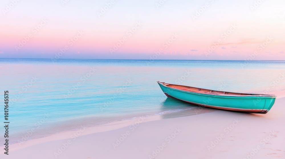 Calm Seascape with a Boat on Tranquil Shoreline Calm Seascape with a Boat on Tranquil Shoreline