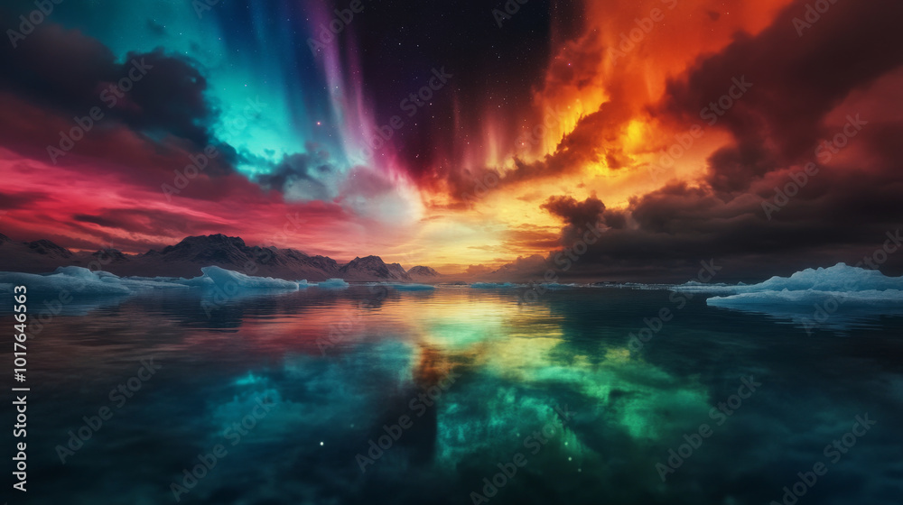 A dramatic photo showing the Northern Lights from above the ice and its reflection under the water, creating a mirrored effect. A dramatic photo showing the Northern Lights from above the ice and its reflection under the water, creating a mirrored effect.