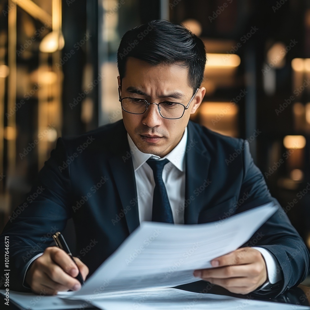 Corporate lawyer reviewing legal documents in a polished office setting. --v 6.1 Job ID: 0d1c5595-f1da-4cca-a9dd-b978decff2cc Corporate lawyer reviewing legal documents in a polished office setting. --v 6.1 Job ID: 0d1c5595-f1da-4cca-a9dd-b978decff2cc