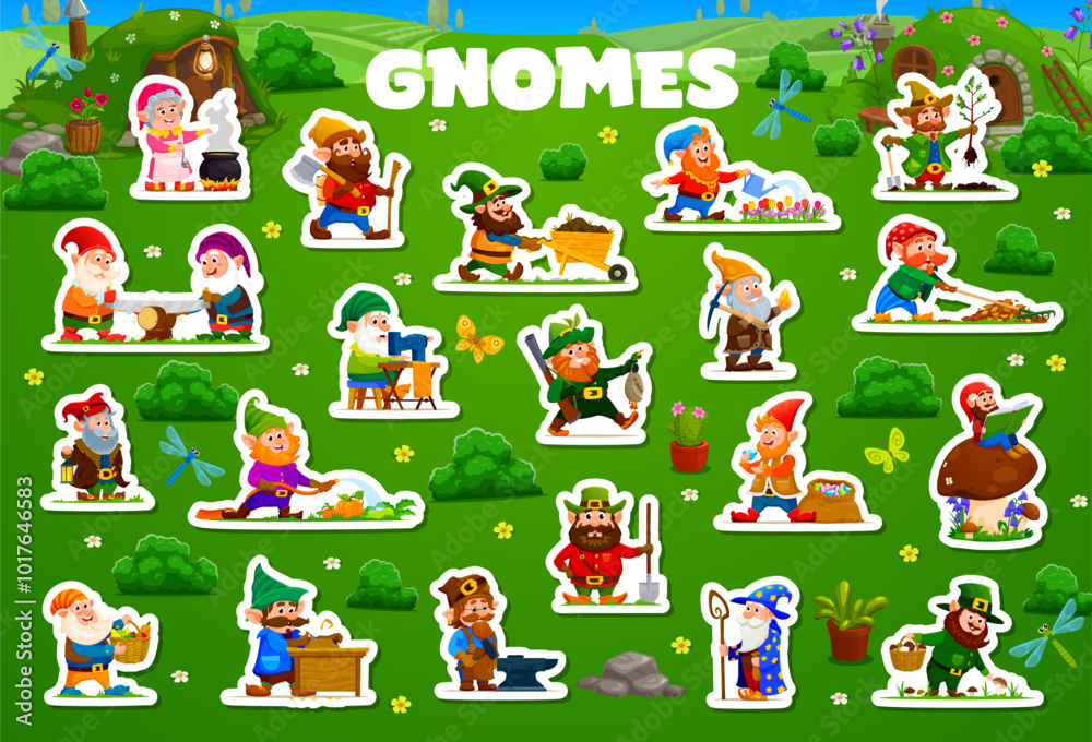 Cartoon gnomes and dwarfs characters stickers, vector fairy tale village workers. Gnomes or little dwarfs stickers with gardener or farmer, leprechaun miner and blacksmith or woodworker and hunter Cartoon gnomes and dwarfs characters stickers, vector fairy tale village workers. Gnomes or little dwarfs stickers with gardener or farmer, leprechaun miner and blacksmith or woodworker and hunter