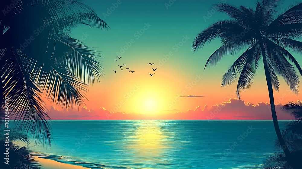 A vibrant sunset over a tropical beach with palm trees silhouetted against the sky. A vibrant sunset over a tropical beach with palm trees silhouetted against the sky.