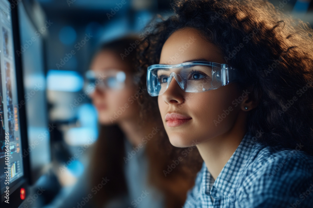 A group of women in engineering collaborating on technical designs, using computer models and advanced equipment in a modern lab. A group of women in engineering collaborating on technical designs, using computer models and advanced equipment in a modern lab.