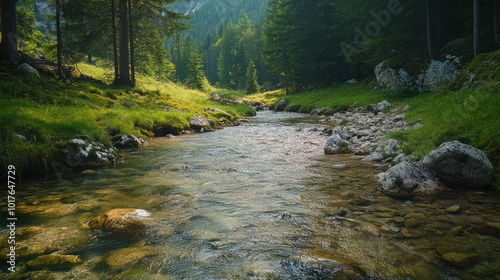 Wallpaper Mural Crystal-clear stream flowing through a green valley surrounded by trees Torontodigital.ca