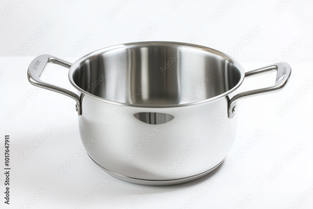 A shiny stainless steel cooking pot with two handles, suitable for boiling, simmering, or preparing various dishes. A shiny stainless steel cooking pot with two handles, suitable for boiling, simmering, or preparing various dishes.
