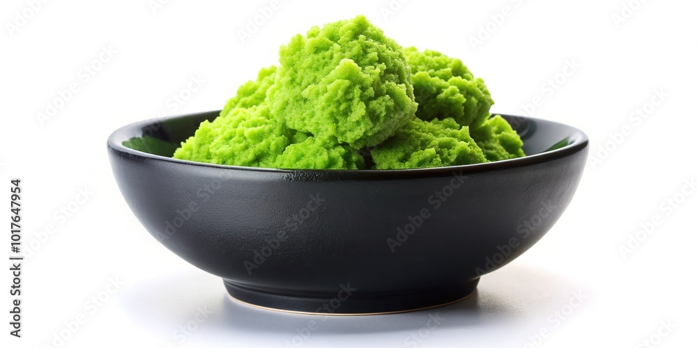 A Small Black Bowl Filled With A Heaping Mound Of Grated Bright Green Wasabi, Illuminated Against A White Background A Small Black Bowl Filled With A Heaping Mound Of Grated Bright Green Wasabi, Illuminated Against A White Background