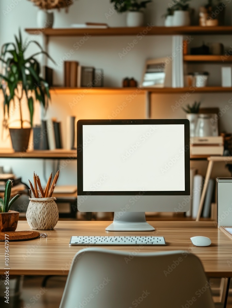 A modern workspace featuring a computer, plants, and organized shelves for productivity. A modern workspace featuring a computer, plants, and organized shelves for productivity.