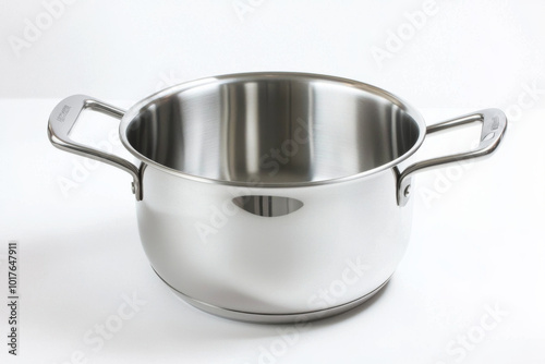 A shiny stainless steel cooking pot with two handles, suitable for boiling, simmering, or preparing various dishes.