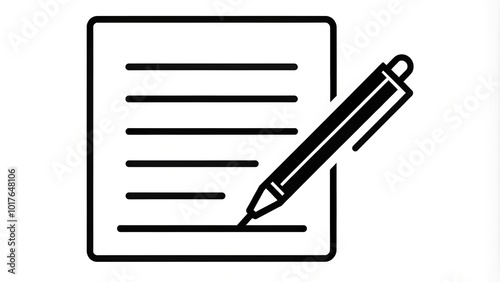 Black Line Icon Of A Pen And A Piece Of Paper Symbolizes Writing, Composing, Or Journalism.