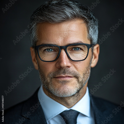 man in business clothes, photo for business card male 30+ European, light skin blue eyes, regular oval face, gray short hair, glasses with heavy dark frames