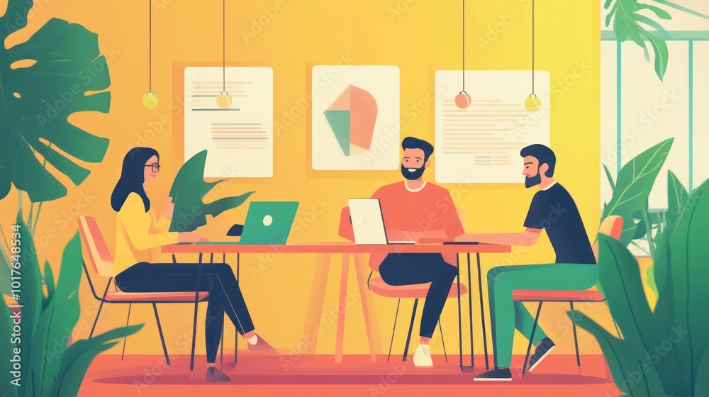 Employees collaborating on a project in a vibrant co-working space Employees collaborating on a project in a vibrant co-working space