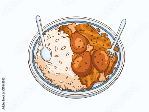 Illustration of chicken curry paired with a plate of white rice. This dish features three succulent chicken thighs smothered in a rich curry sauce and garnished with green spices.