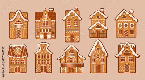 Christmas gingerbread houses with icing flat color vector objects set. Winter holiday building shaped cookies illustrations on pink background