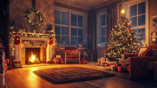 Stylish living room interior featuring a glowing fireplace, modern furniture, and a fully decorated Christmas tree with twinkling lights and ornaments