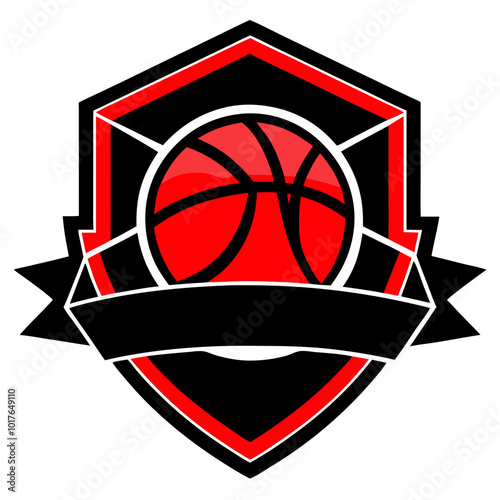 Basketball Shield Logo: A bold, graphic design featuring a red basketball nestled within a black and red shield emblem. Perfect for team branding, sports apparel, and championship events.