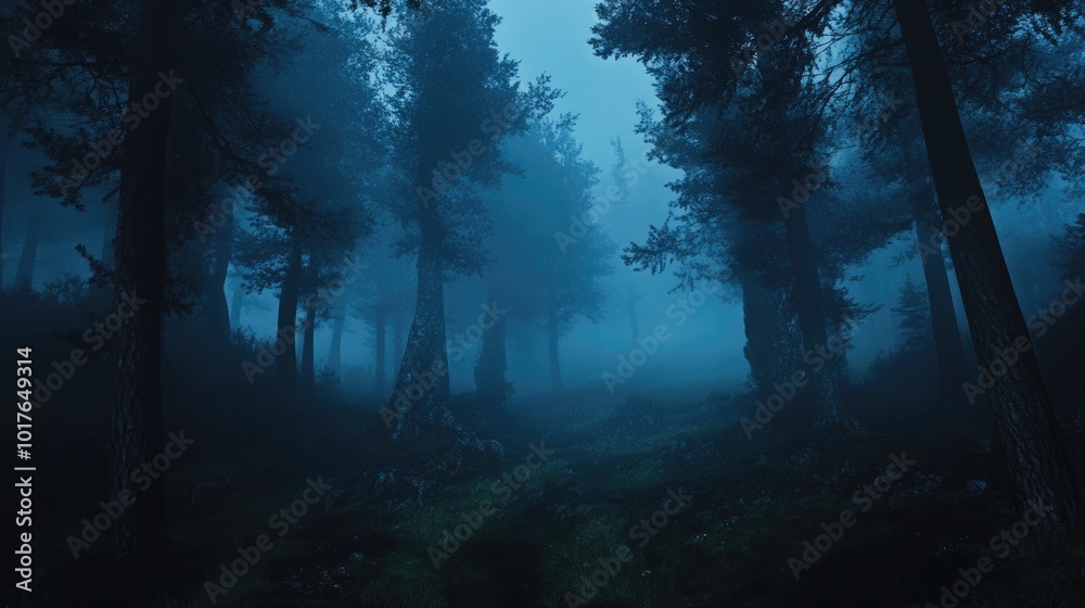 Misty forest at night spooky atmosphere Misty forest at night spooky atmosphere