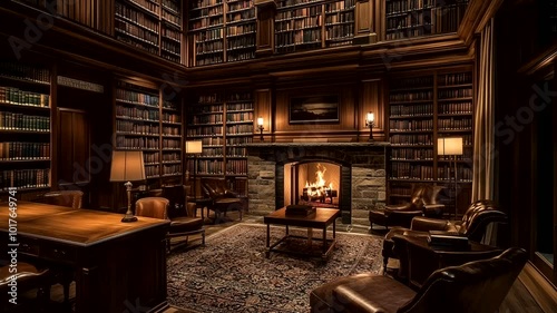 Dimly lit grand library with a cozy fireplace and comfortable leather chairs. Classic reading retreat concept. Seamless time-lapse animation video background