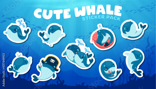 Cartoon cute kawaii whale characters stickers for underwater fish or animal emoji, vector icons. Funny baby whale swimming in sea or ocean water in pirate hat or sleeping and squirting splash