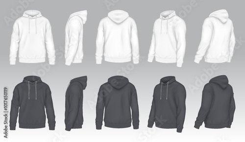 Black and white mockup hoodies realistic vector illustration set. Casual attire with design template 3d models on grey background