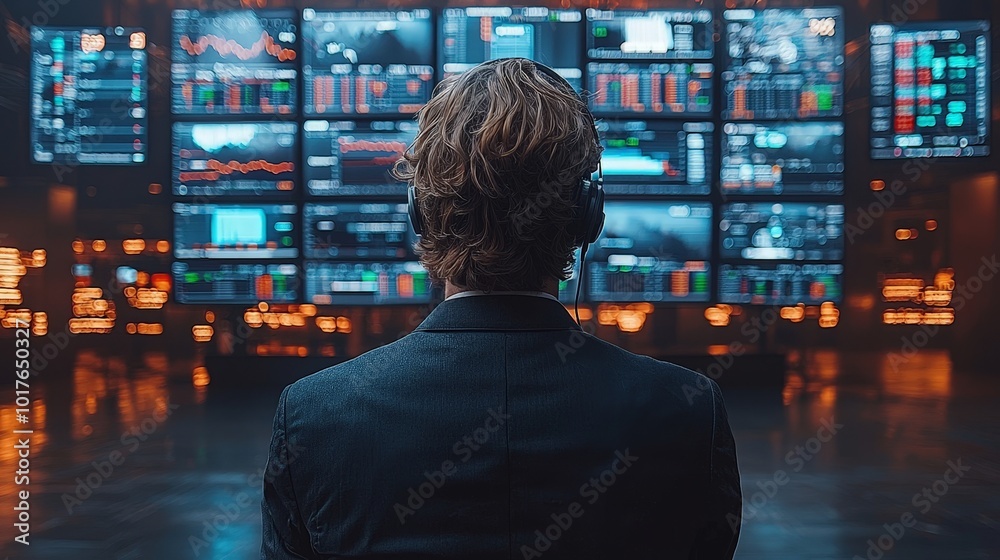 A person in a suit monitors multiple financial screens in a trading environment. A person in a suit monitors multiple financial screens in a trading environment.