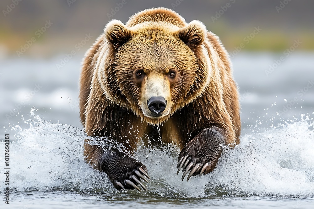 Grizzly bear running through water, showcasing wildlife. Grizzly bear running through water, showcasing wildlife.