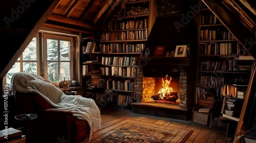 Rustic attic reading nook with fireplace, armchair, and cozy blankets overlooking a sunlit forest. Cozy retreat concept. Seamless time-lapse animation video background