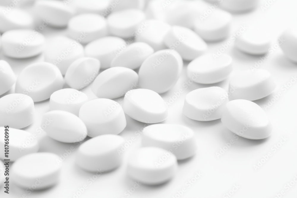 A close-up view of numerous white tablets scattered on a surface, representing pharmaceuticals or dietary supplements. A close-up view of numerous white tablets scattered on a surface, representing pharmaceuticals or dietary supplements.