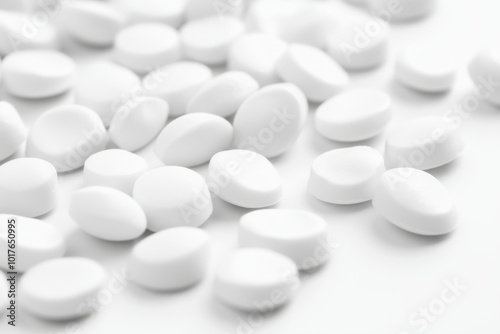 A close-up view of numerous white tablets scattered on a surface, representing pharmaceuticals or dietary supplements.