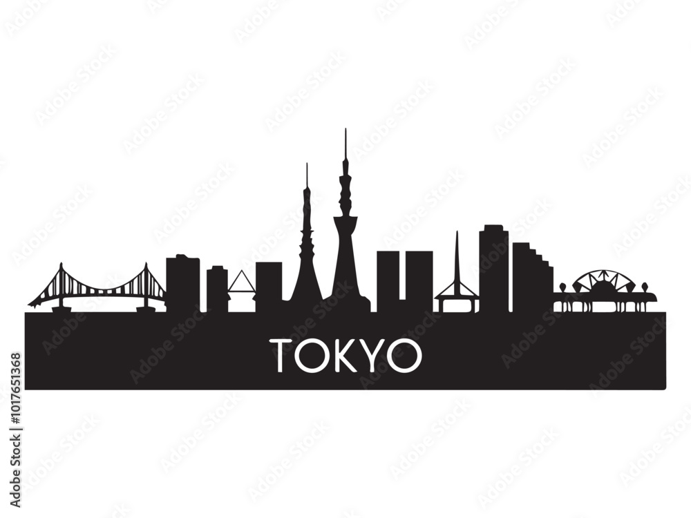 Naklejka premium Tokyo Skyline Silhouette Black and White Cityscape Illustrations