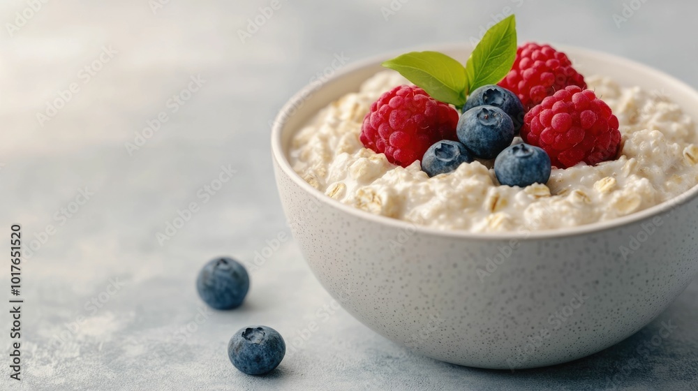 Closeup view of a bowl filled with creamy organic oatmeal porridge topped with fresh blueberries raspberries and green leaves This 3D showcases a healthy and delicious breakfast or snack concept Closeup view of a bowl filled with creamy organic oatmeal porridge topped with fresh blueberries raspberries and green leaves This 3D showcases a healthy and delicious breakfast or snack concept