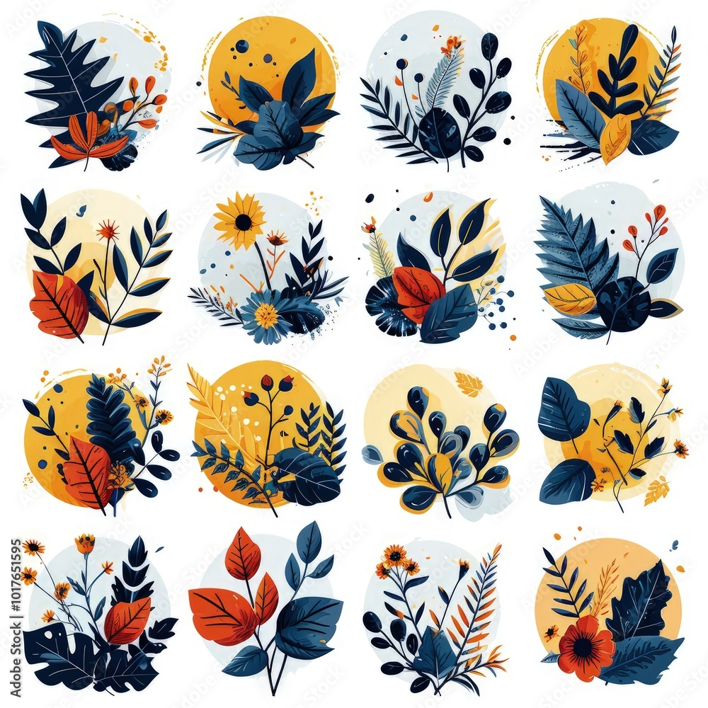 Obraz premium Flat Botanical Illustration Set of Leaves on a Clean White Background