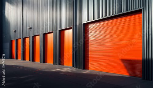 A row of industrial storage units with bright orange roll-up doors against a metallic exterior. photo