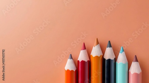 Colorful pencils arranged neatly on a pastel background, ideal for creativity. photo