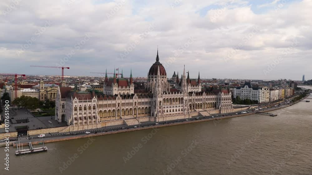 Architecture of Budapest. Aerial view of Budapest Parliament Building. Hungary Capital Cityscape at daytime. Travel, tourism and European Political Landmark Destination. 